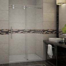 Langham Completely Frameless Sliding Alcove Shower Door With Base-SDR978-TR (Finish: Chrome, Size: 48" x 36" x 77.5", Drain Style: Middle)