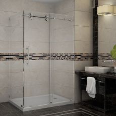 Langham Completely Frameless Sliding Shower Door Enclosure With Base-SEN979-TR (Finish: Chrome, Size: 48" x 35" x 77.5", Drain Style: Left)